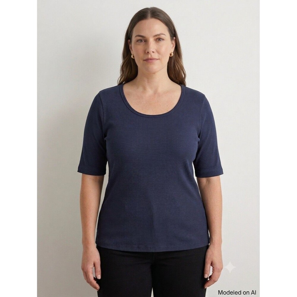 Quince Women NWT Basic Blue Solid Knit Scoop Neck 3/4 Sleeve Stretch T-Shirt XL